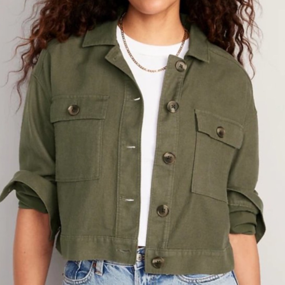 Old Navy Army Green Boxy Cropped Linen Blend Cropped Utility Jacket Size XXL